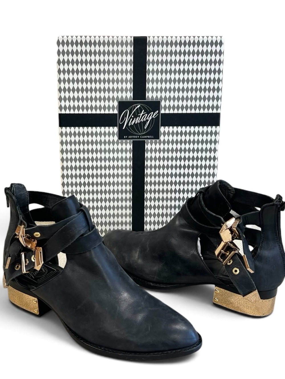 Vintage Jeffrey Campbell Size 9 Everly Black Leather Gold Buckle Ankle Booties